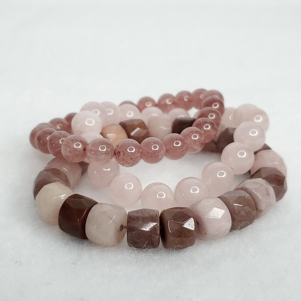Polished Stone Bracelets Stretch Pink Rose Strawberry Quartz Lot of 3 6-6.5" - Picture 2 of 8